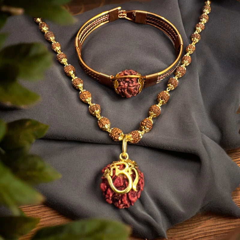 Rudraksha Necklace Om Shree Design Gold Plated