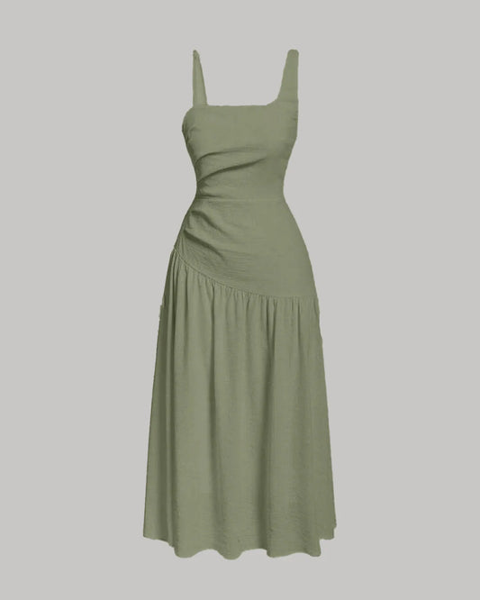 Square Neck Spaghetti Straps Ruched Side Green Dress