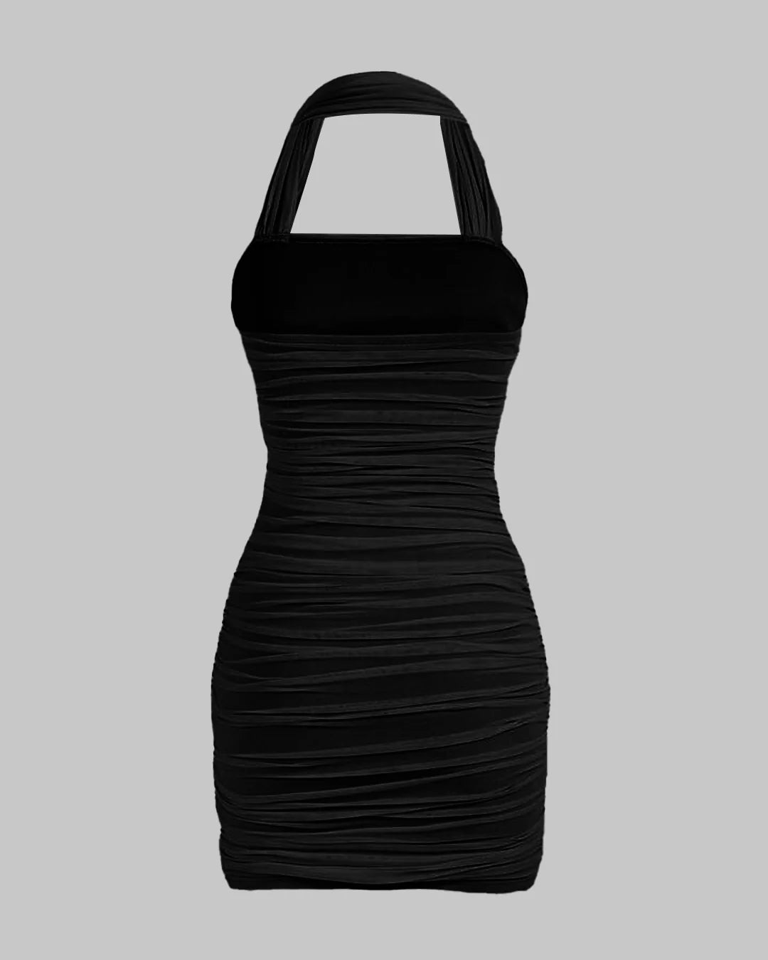 Solid Ruched Halter Bodycon Black Dress