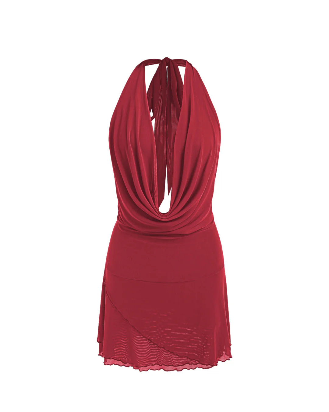 Mesh Halter Knotted Cowl Neck Mini Dress In Red