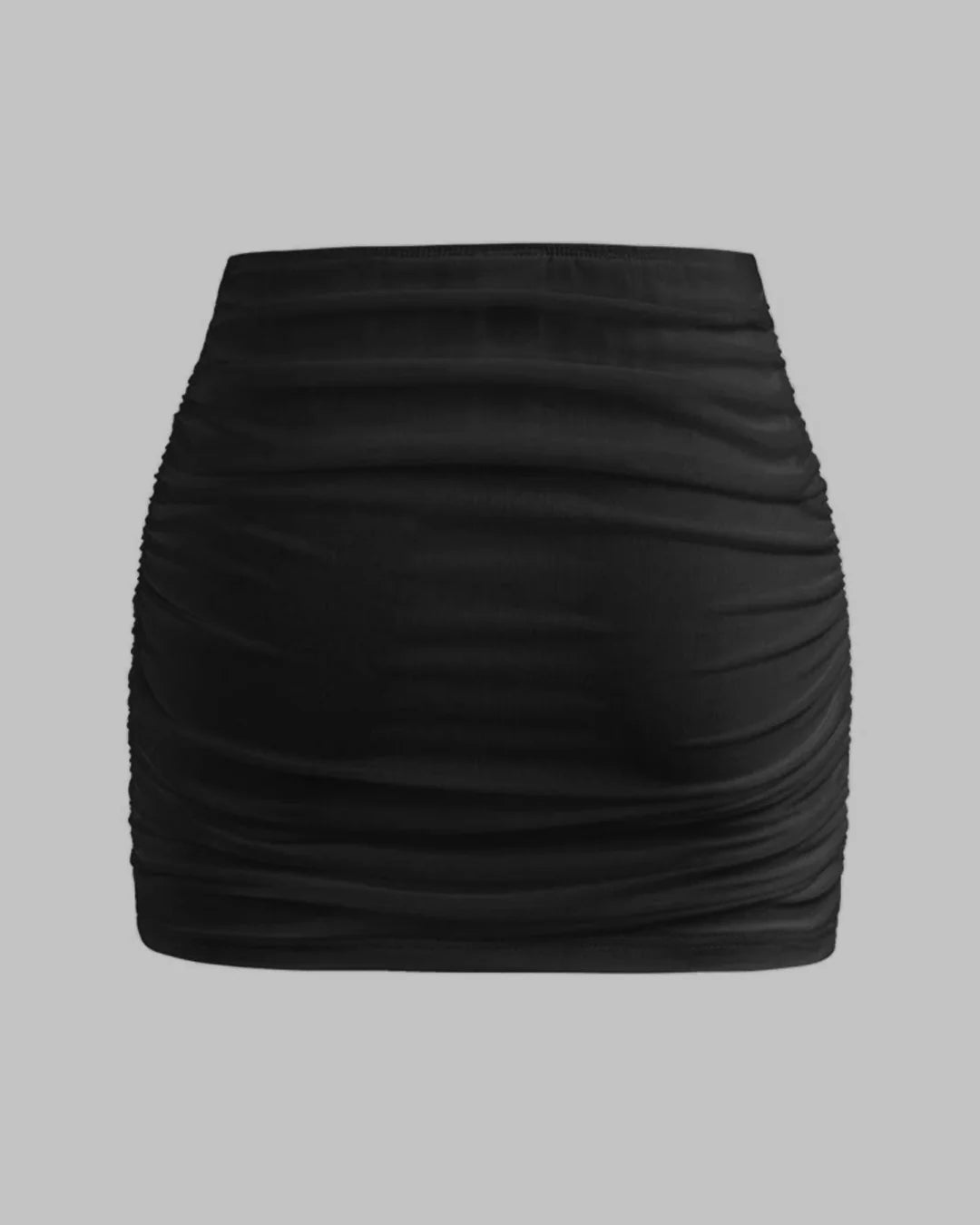 One Shoulder Ruched Waist Slim Fit Black Mesh Top &  Black Mini Skirt