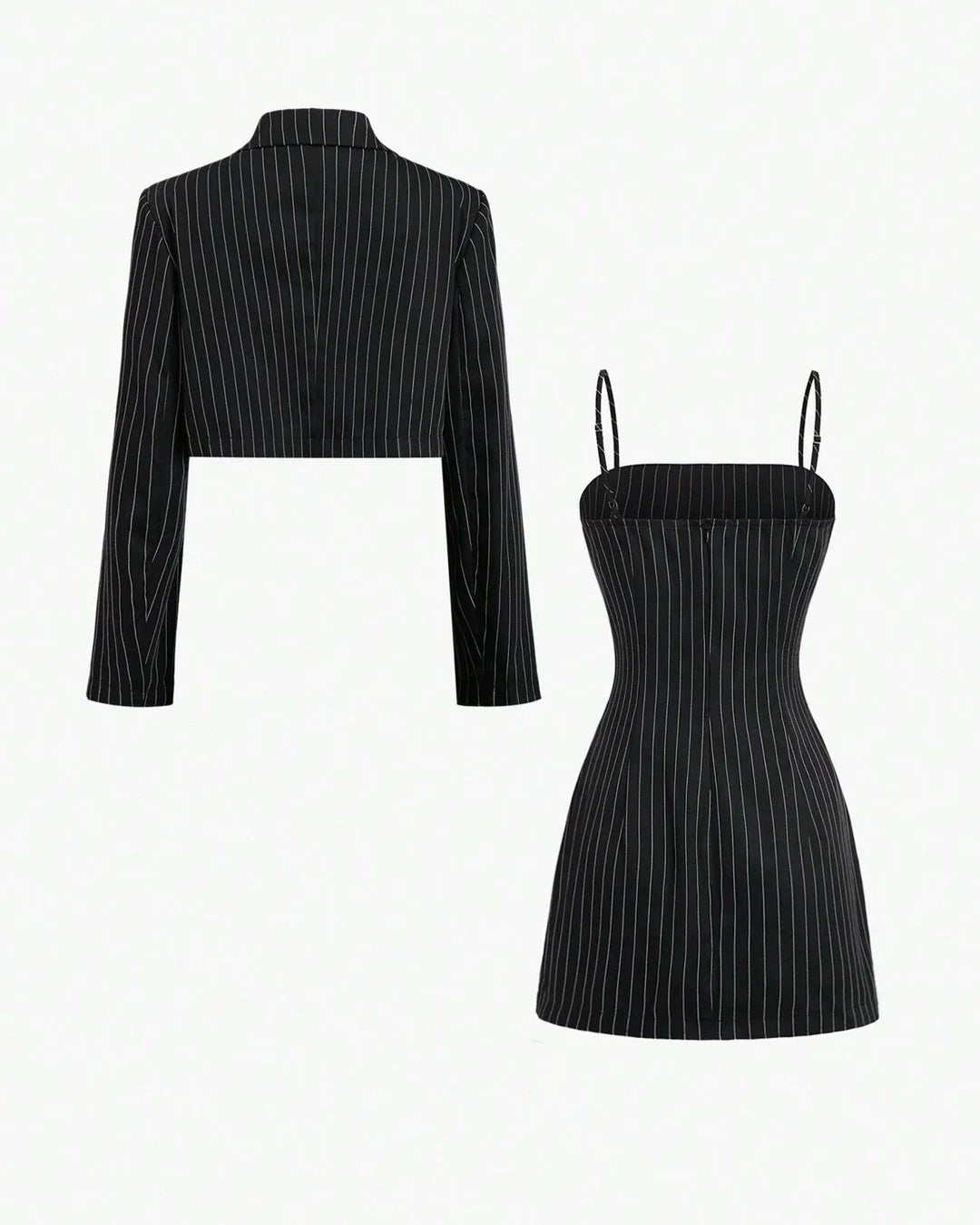 Striped Shirt With Lapel Collar & Spaghetti Strap Dress Set