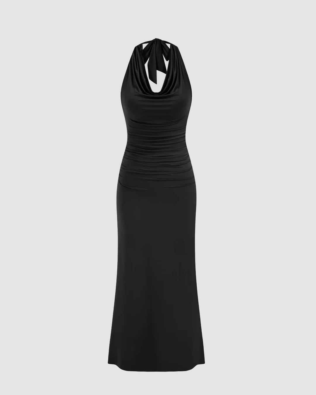 Cowl Neckline Solid Ruched Black Maxi Dress