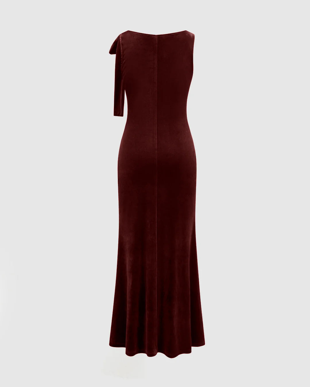 Velvet Boat Neck Knotted Ruched Maxi Dress In Cherry Red