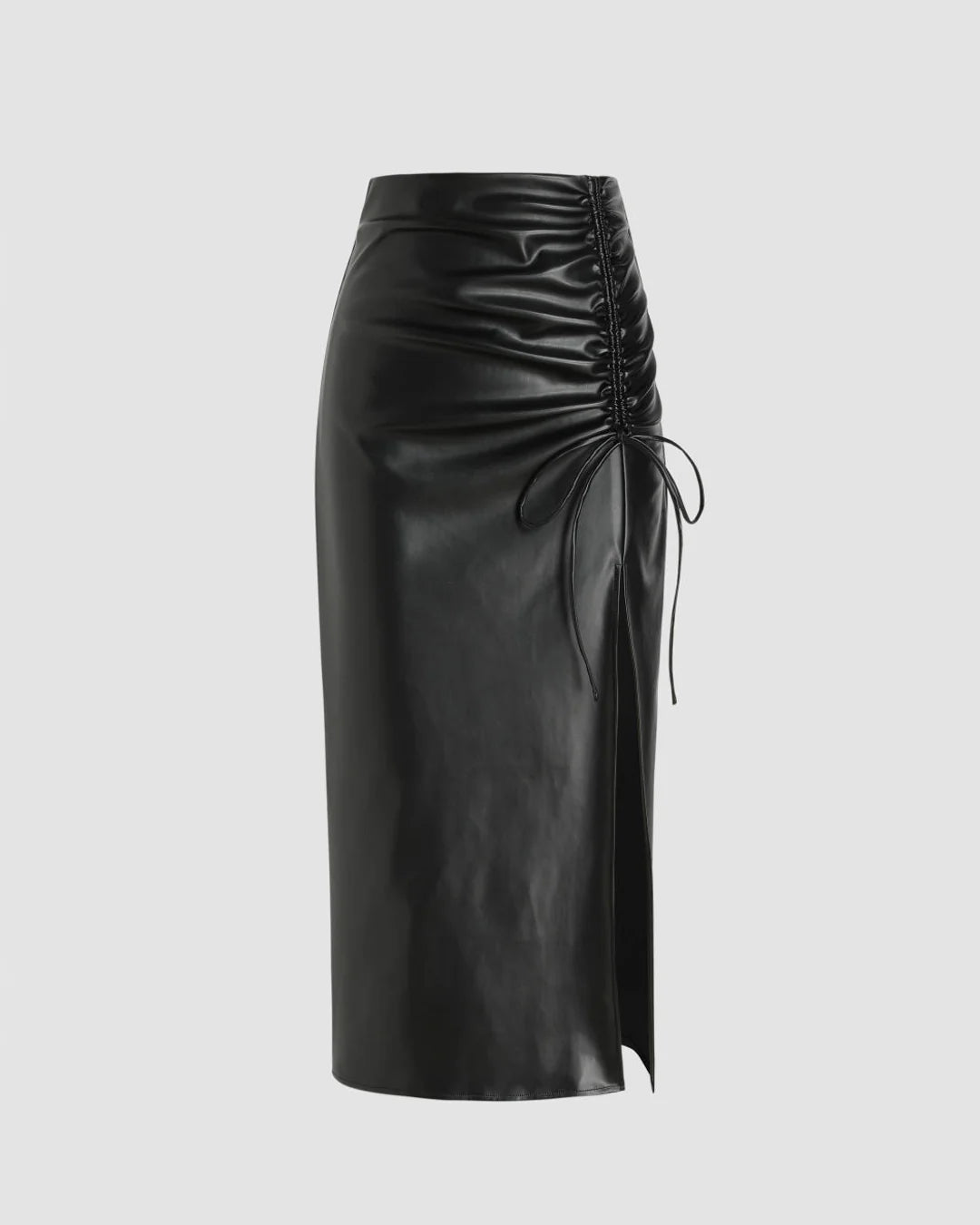 High Waist Drawstring Split Black Maxi Skirt & Zip-Front Cropped Black Top