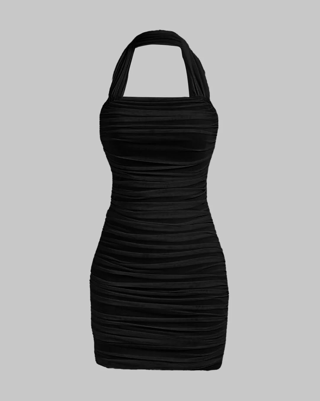 Solid Ruched Halter Bodycon Black Dress