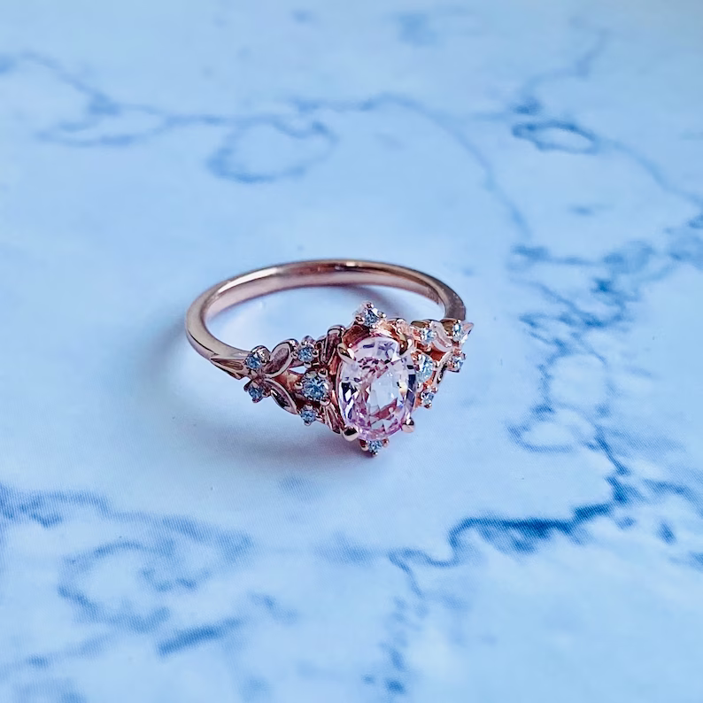 Enchanted forest pink sapphire engagement ring