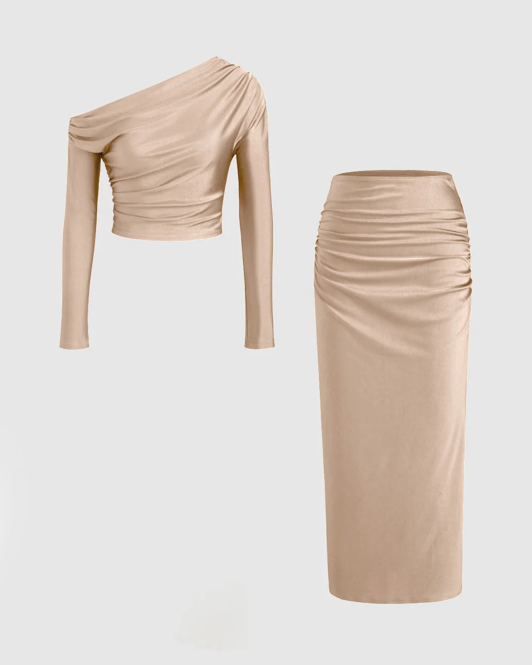 Asymmetrical Neck Long Sleeve Crop Top & Mid Rise Ruched Maxi Skirt