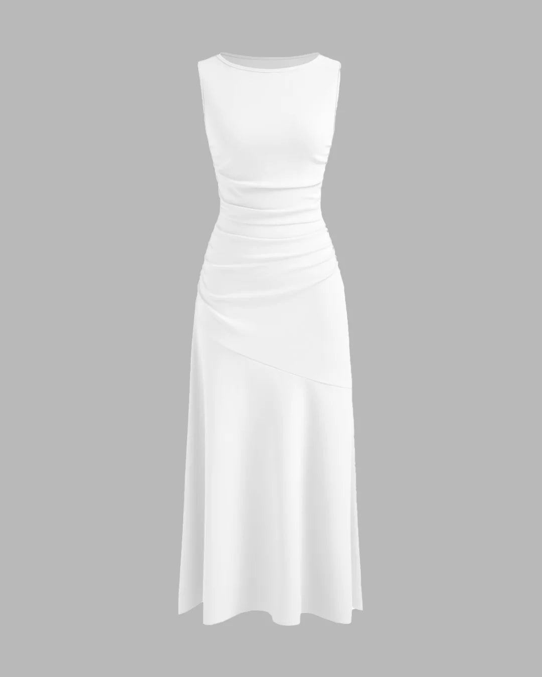 Boat Neck Solid Ruffle Ruched White Maxi Dress