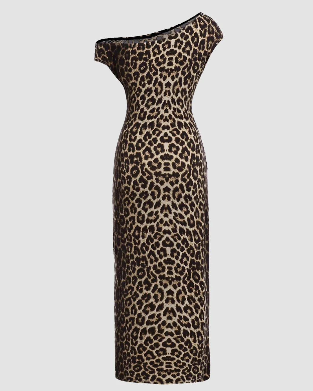 Leopard Print Asymmetrical Shoulder Ruched Waist A-Line Dress