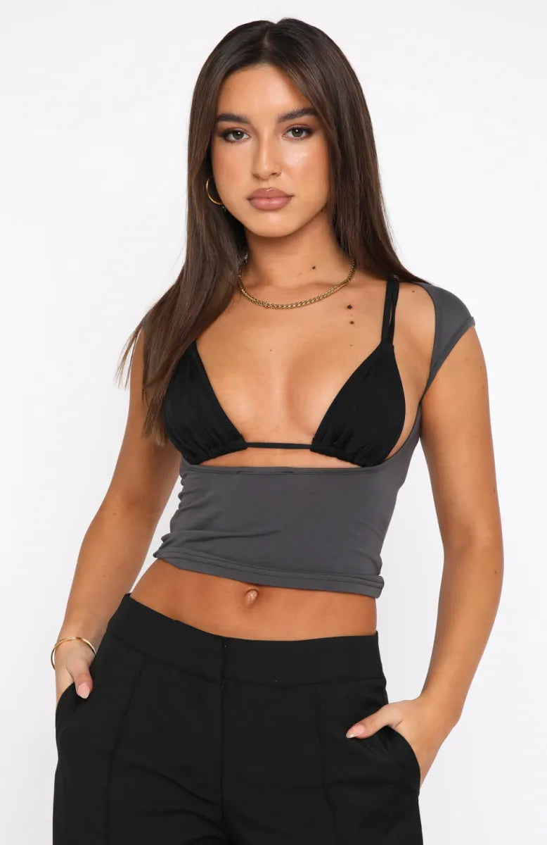 Double Life Tee Charcoal Top