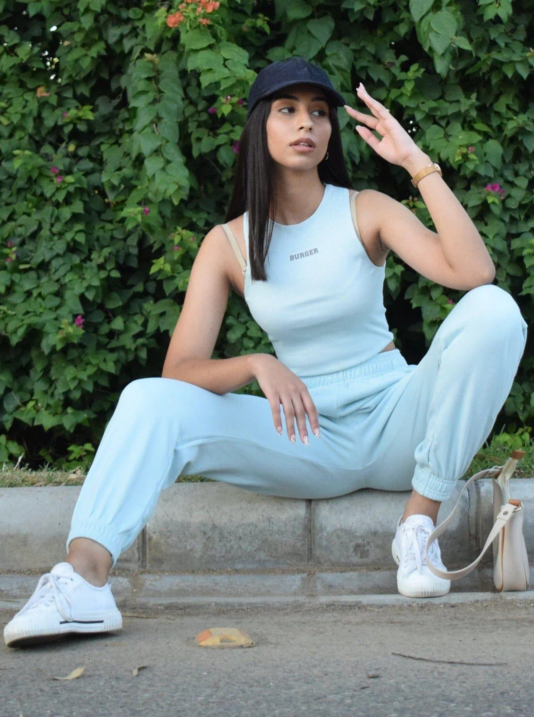 Pastel Sky Blue Burger Co ord Set (Racer + Gather Tracks) For Women