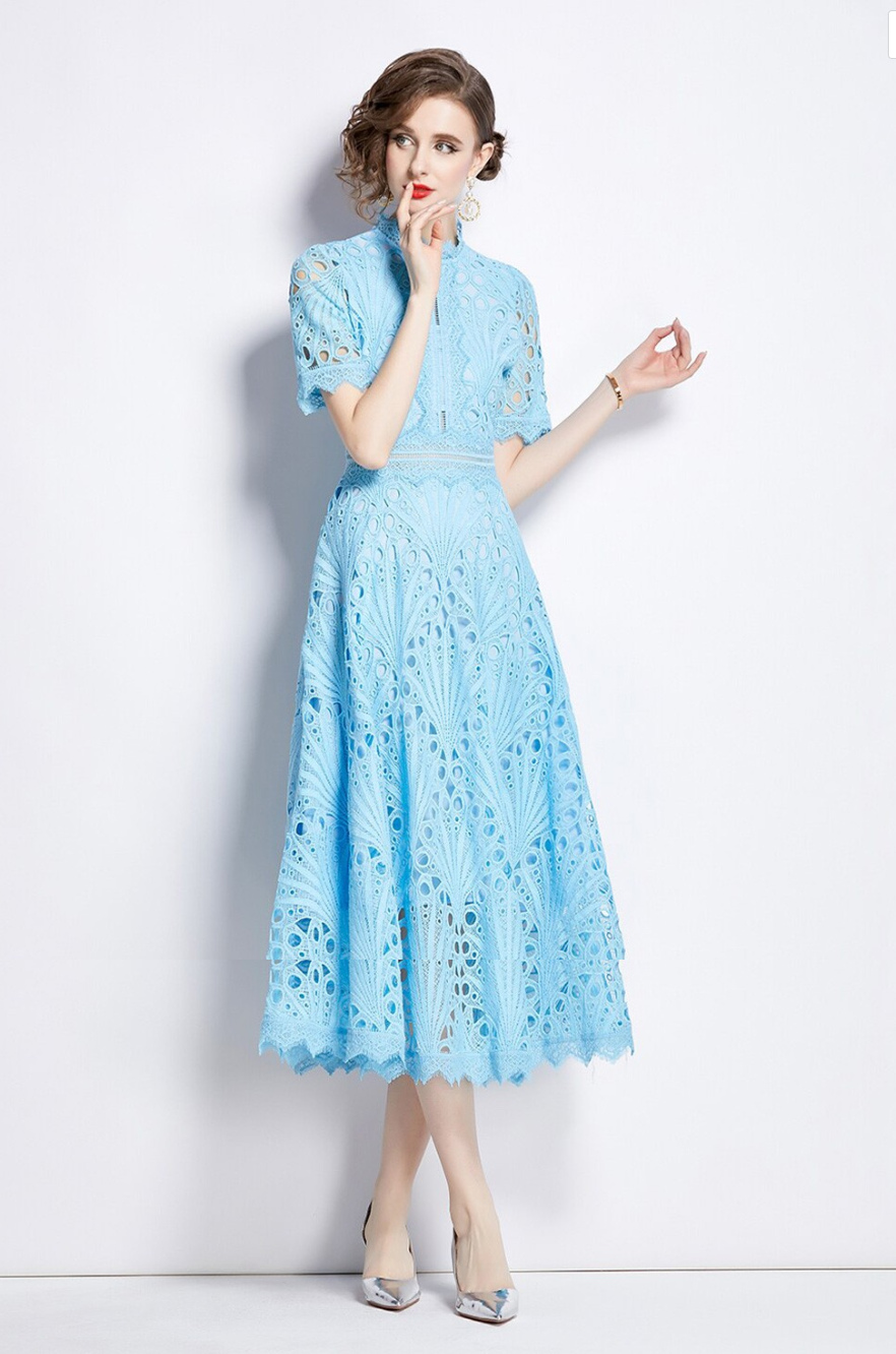 Floral Self Design Mandarin Collar Fit & Flare Midi Dress