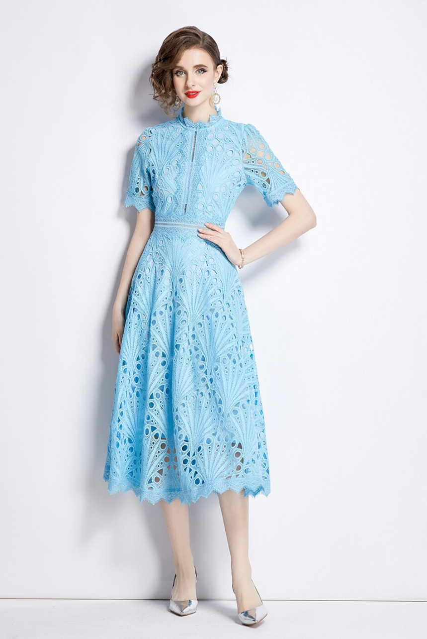 Floral Self Design Mandarin Collar Fit & Flare Midi Dress