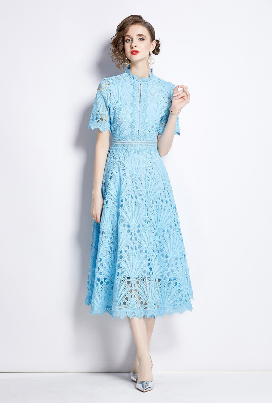 Floral Self Design Mandarin Collar Fit & Flare Midi Dress