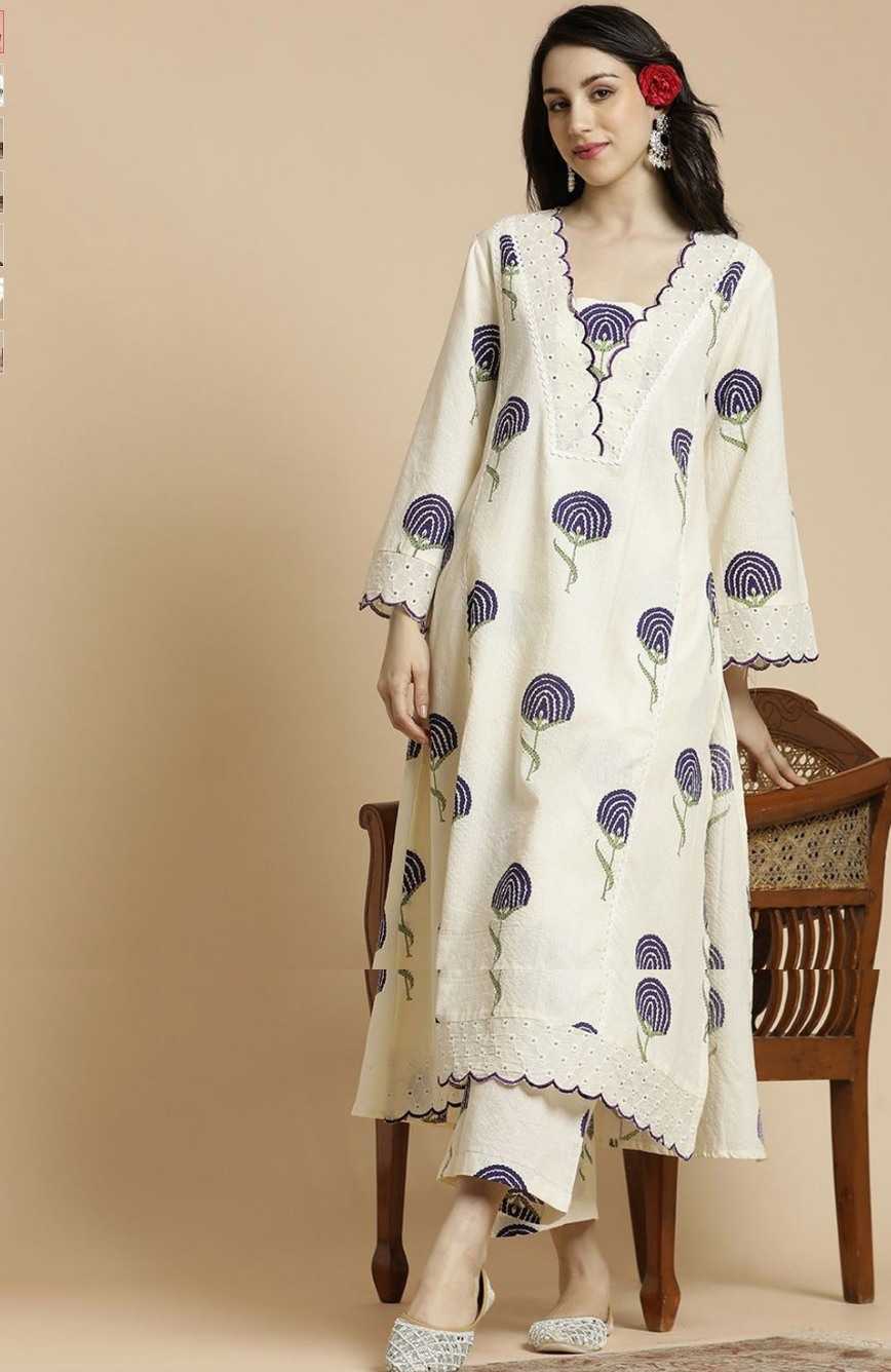 Floral Printed Bell Sleeves Thread Work Pure Cotton A-Line Kurta With Palazzos