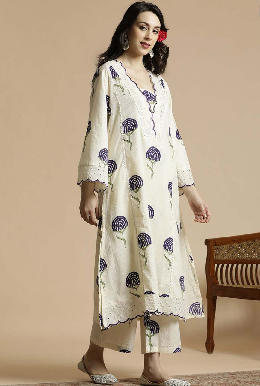 Floral Printed Bell Sleeves Thread Work Pure Cotton A-Line Kurta With Palazzos