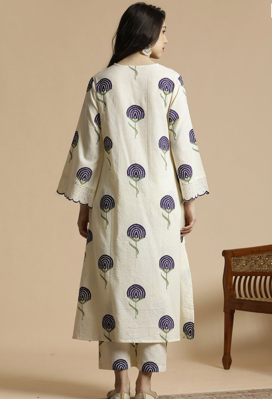 Floral Printed Bell Sleeves Thread Work Pure Cotton A-Line Kurta With Palazzos