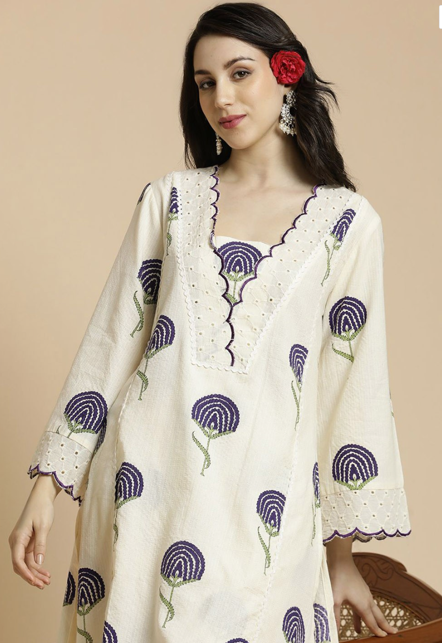 Floral Printed Bell Sleeves Thread Work Pure Cotton A-Line Kurta With Palazzos