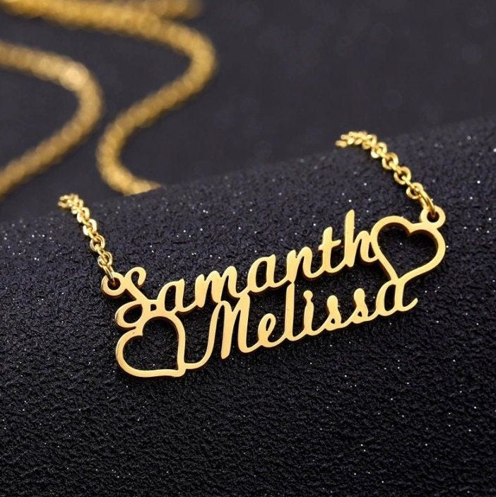 Personalized Double Name Necklace 22K Gold Plated Sterling Silver