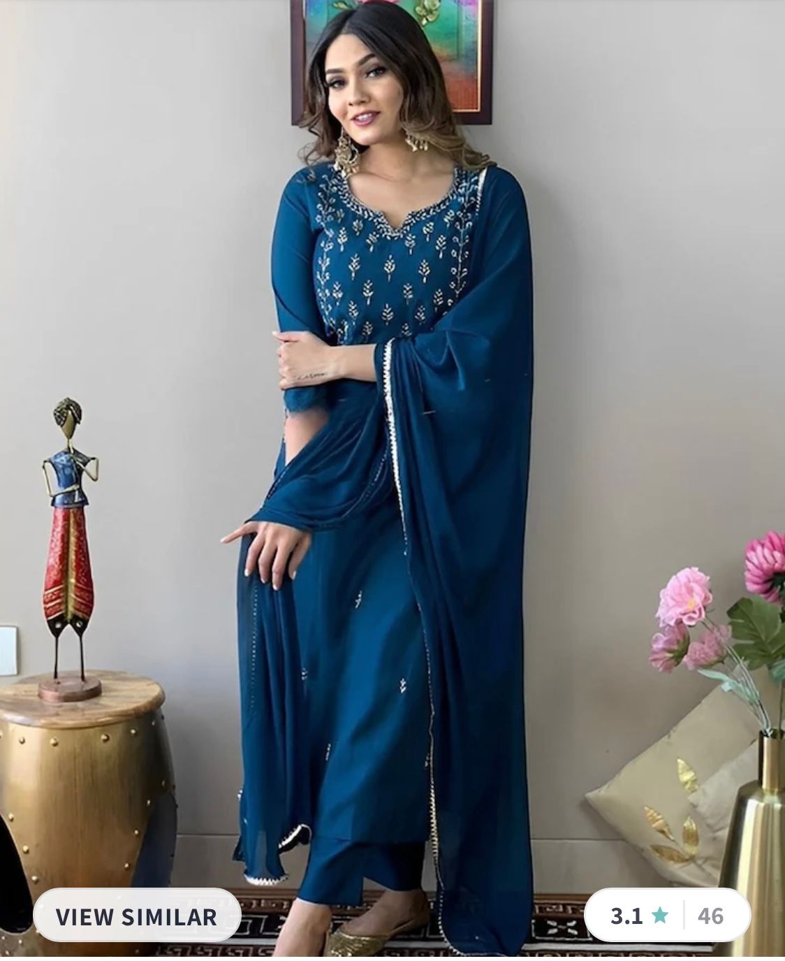 Ethnic Motifs Embroidered Thread Work Detail Straight Kurta & Trousers with Dupatta