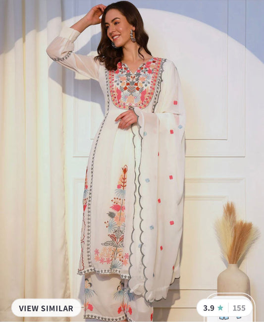 Floral Embroidered Kurta with Plazzos & Dupatta