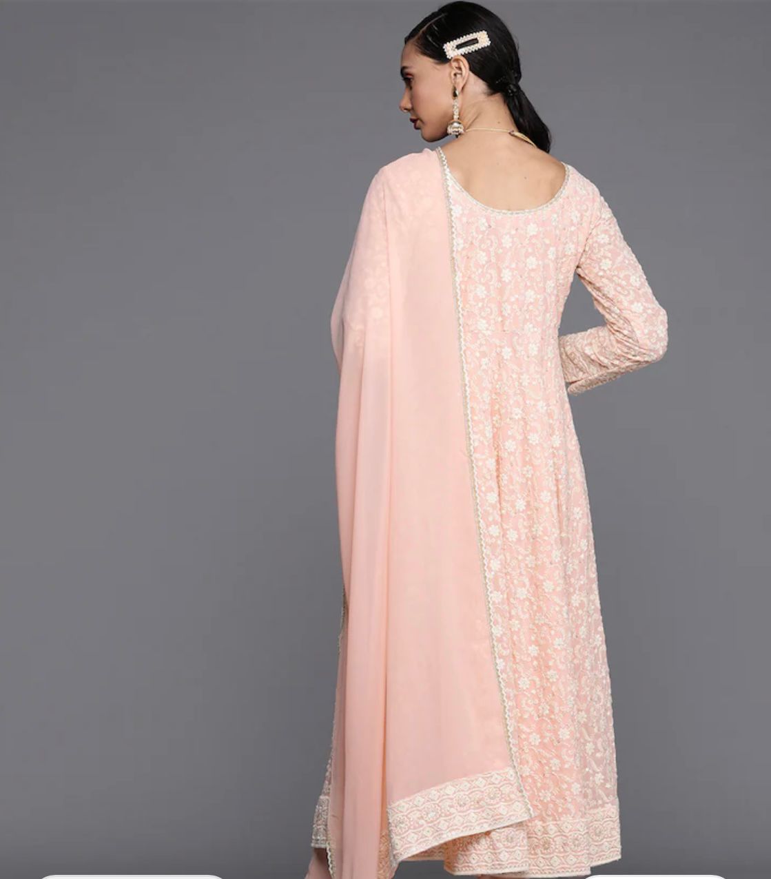 Women Pink Floral Embroidered Panelled Chikankri Kurta with Churidar & With Dupatta