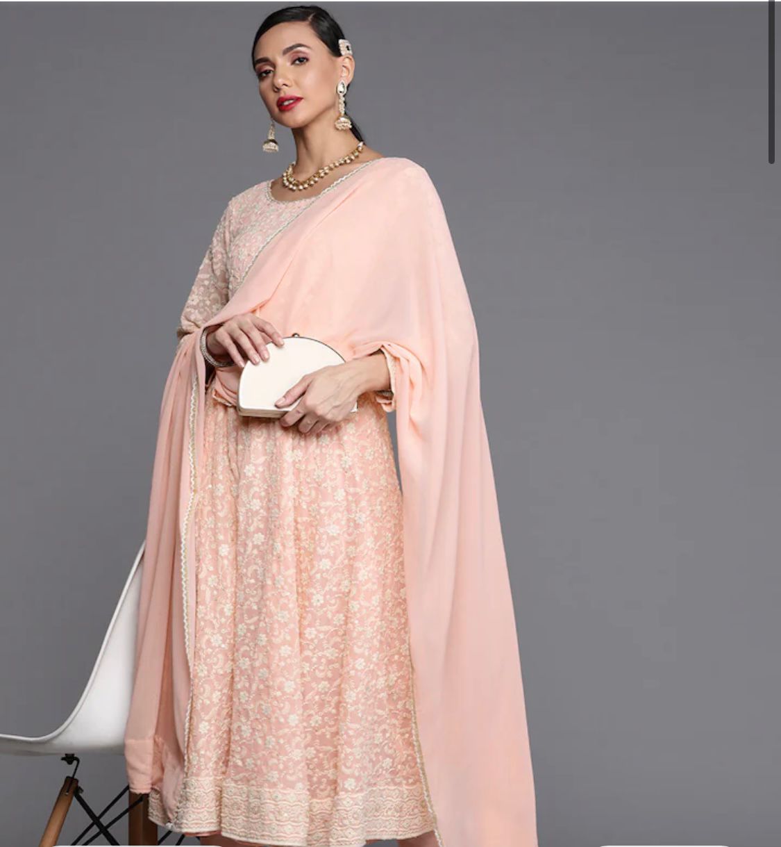 Women Pink Floral Embroidered Panelled Chikankri Kurta with Churidar & With Dupatta