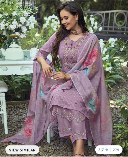 Indo Era Lavender & Red Floral Embroidered Pure Cotton Kuta with Trousers & Dupatta