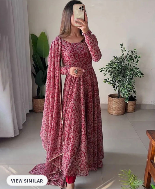 Printed Anarkali Kurta with Trousers & Dupatta