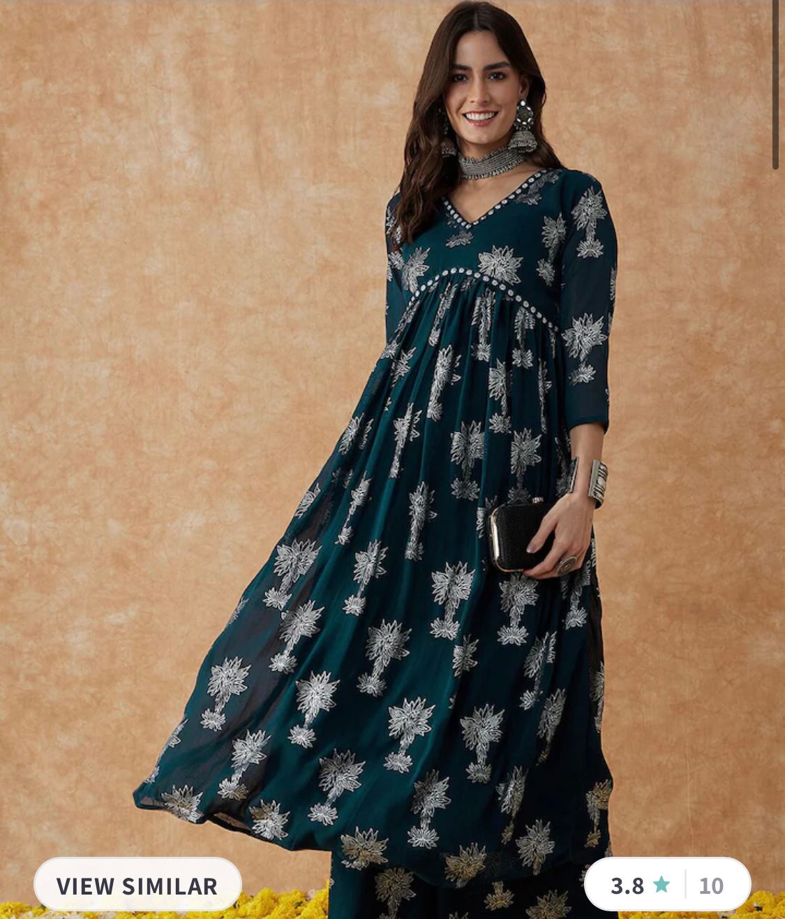 Floral Printed V-Neck Anarkali Kurta & Plazzos