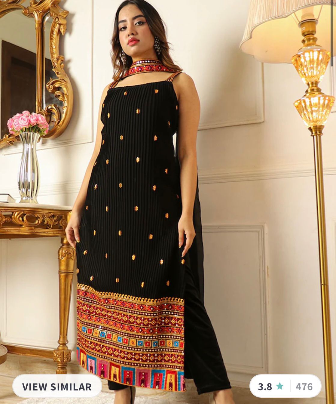 Embellished Thread Work Kurta with Trousers & Dupatta