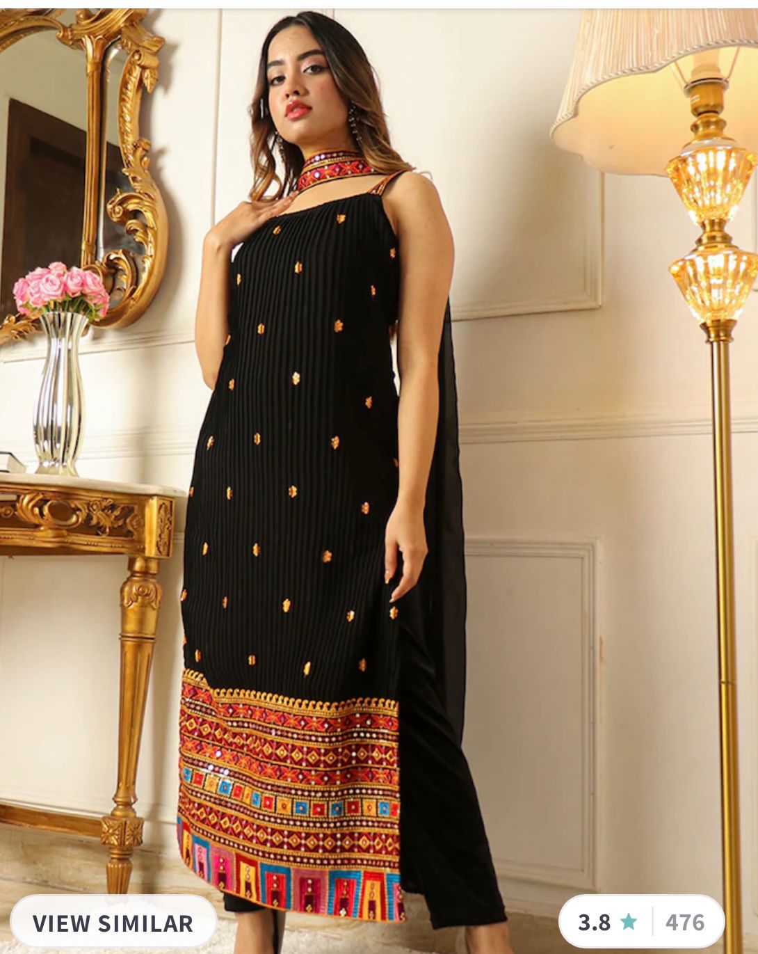 Embellished Thread Work Kurta with Trousers & Dupatta