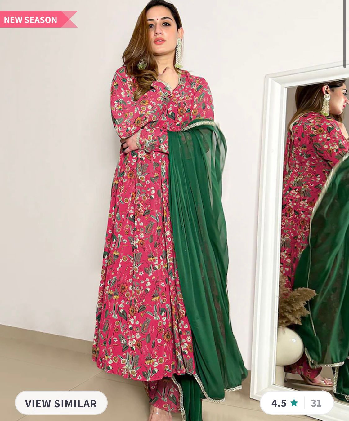 Floral Printed Anarkali With Trousers & Dupatta