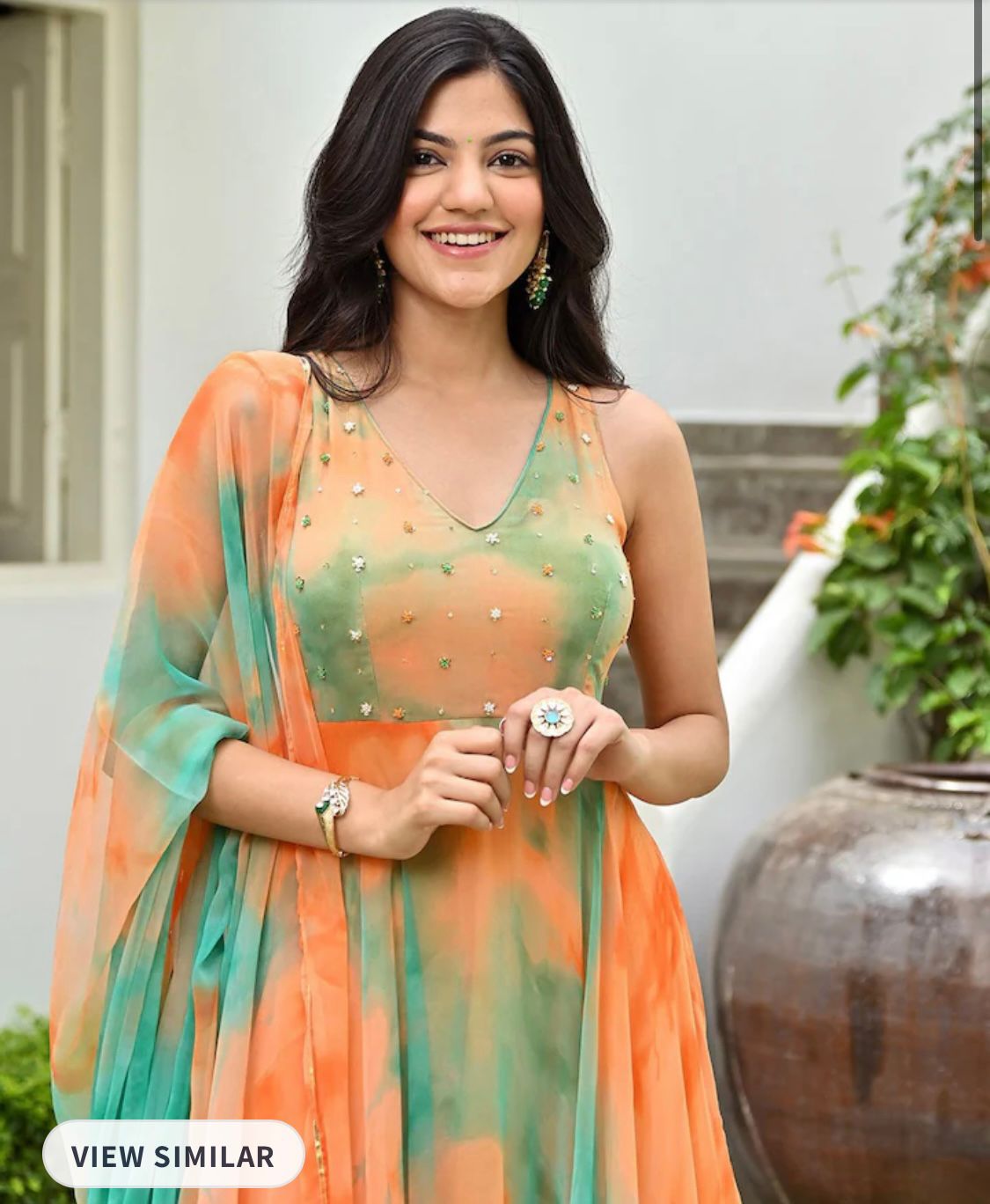 Tie-Dye Printed Anarkali Kurta with Trousers & Dupatta